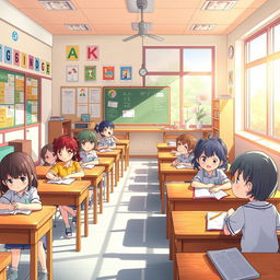 An anime-style illustration depicting a vibrant and lively fifth-grade classroom