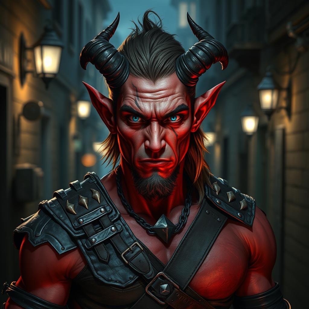 A male tiefling with light red skin, portraying a rugged and criminal demeanor