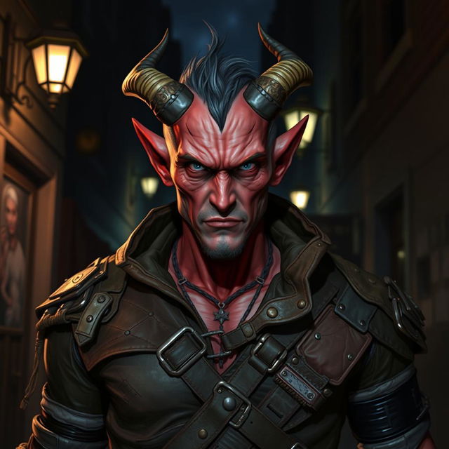 A male tiefling with light red skin, portraying a rugged and criminal demeanor