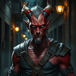 A male tiefling with light red skin, portraying a rugged and criminal demeanor