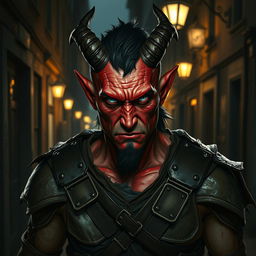 A male tiefling with light red skin, portraying a rugged and criminal demeanor