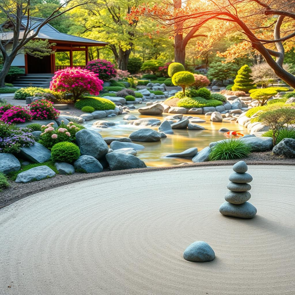 A serene and tranquil scene symbolizing the concept of Kaizen, featuring a beautiful Japanese-style garden with meticulously arranged rocks, vibrant flowers, and a small koi pond