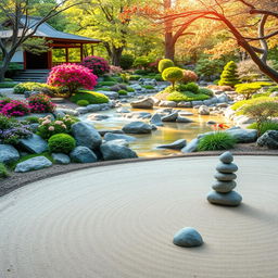 A serene and tranquil scene symbolizing the concept of Kaizen, featuring a beautiful Japanese-style garden with meticulously arranged rocks, vibrant flowers, and a small koi pond