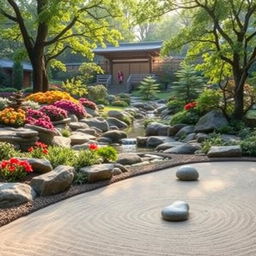 A serene and tranquil scene symbolizing the concept of Kaizen, featuring a beautiful Japanese-style garden with meticulously arranged rocks, vibrant flowers, and a small koi pond