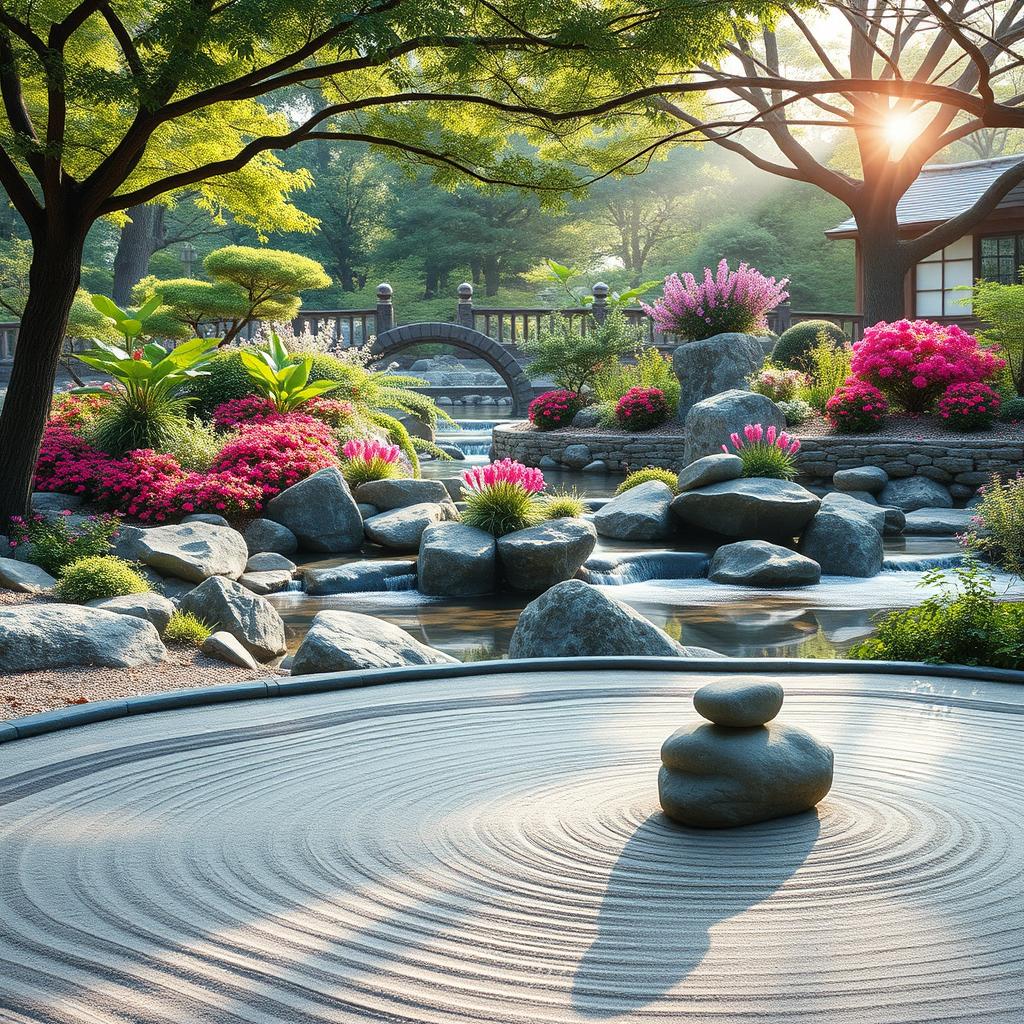 A serene and tranquil scene symbolizing the concept of Kaizen, featuring a beautiful Japanese-style garden with meticulously arranged rocks, vibrant flowers, and a small koi pond