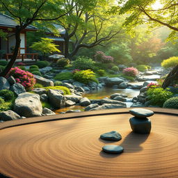 A serene and tranquil scene symbolizing the concept of Kaizen, featuring a beautiful Japanese-style garden with meticulously arranged rocks, vibrant flowers, and a small koi pond