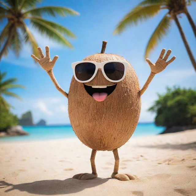 A cool and charming coconut character with hands and legs, giving a high-five to the viewer. With its trendy sunglasses and confident look, it poses on a tropical beach backdrop.