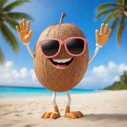 A cool and charming coconut character with hands and legs, giving a high-five to the viewer. With its trendy sunglasses and confident look, it poses on a tropical beach backdrop.