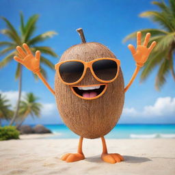 A cool and charming coconut character with hands and legs, giving a high-five to the viewer. With its trendy sunglasses and confident look, it poses on a tropical beach backdrop.