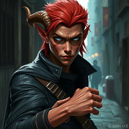 A young male tiefling assassin with light red skin, embodying a stealthy and dangerous aura