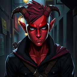 A young male tiefling assassin with light red skin, embodying a stealthy and dangerous aura