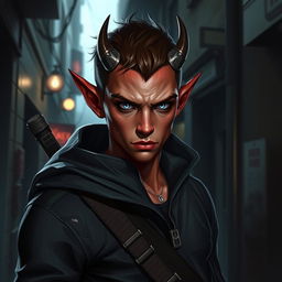 A young male tiefling assassin with light red skin, embodying a stealthy and dangerous aura