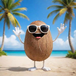 A cool and charming coconut character with hands and legs, giving a high-five to the viewer. With its trendy sunglasses and confident look, it poses on a tropical beach backdrop.