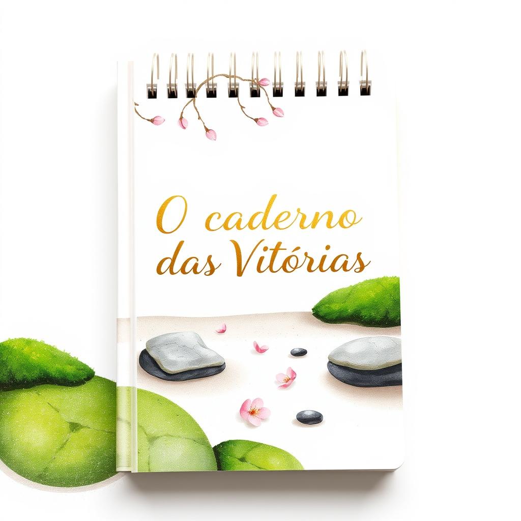 A beautifully illustrated cover design for a notebook titled 'O Caderno das Vitórias' with a clean white background