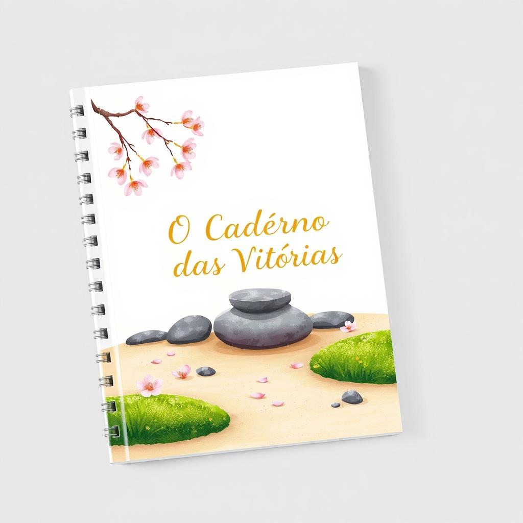 A beautifully illustrated cover design for a notebook titled 'O Caderno das Vitórias' with a clean white background