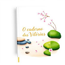 A beautifully illustrated cover design for a notebook titled 'O Caderno das Vitórias' with a clean white background