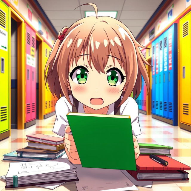 An anime girl with light brown hair and vibrant green eyes, captured in a moment of surprise as she drops her books