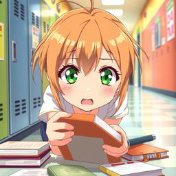 An anime girl with light brown hair and vibrant green eyes, captured in a moment of surprise as she drops her books