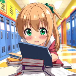 An anime girl with light brown hair and vibrant green eyes, captured in a moment of surprise as she drops her books