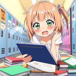 An anime girl with light brown hair and vibrant green eyes, captured in a moment of surprise as she drops her books