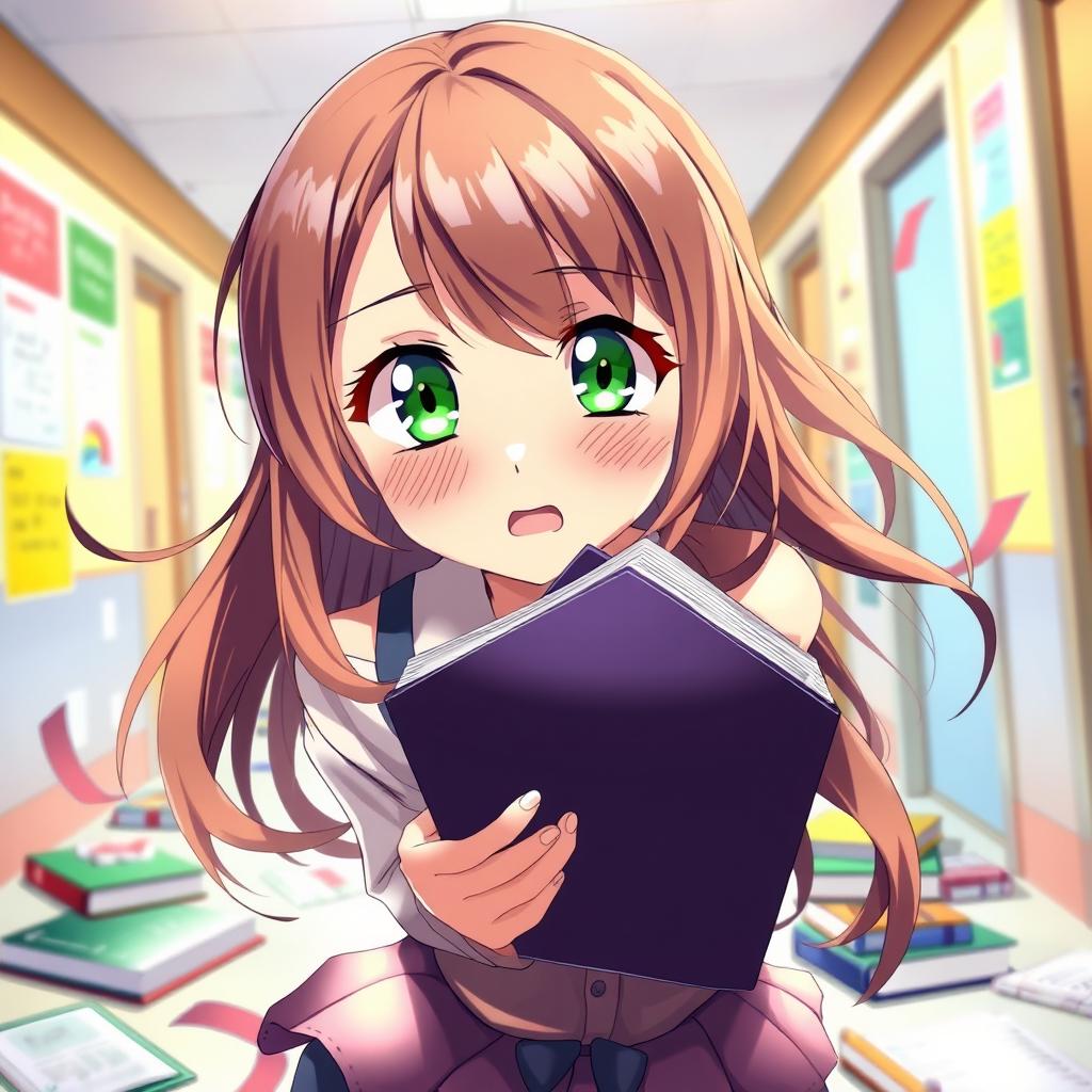 An anime girl with mesmerizing brown hair and bright green eyes, captured in a moment of surprise as she drops her books