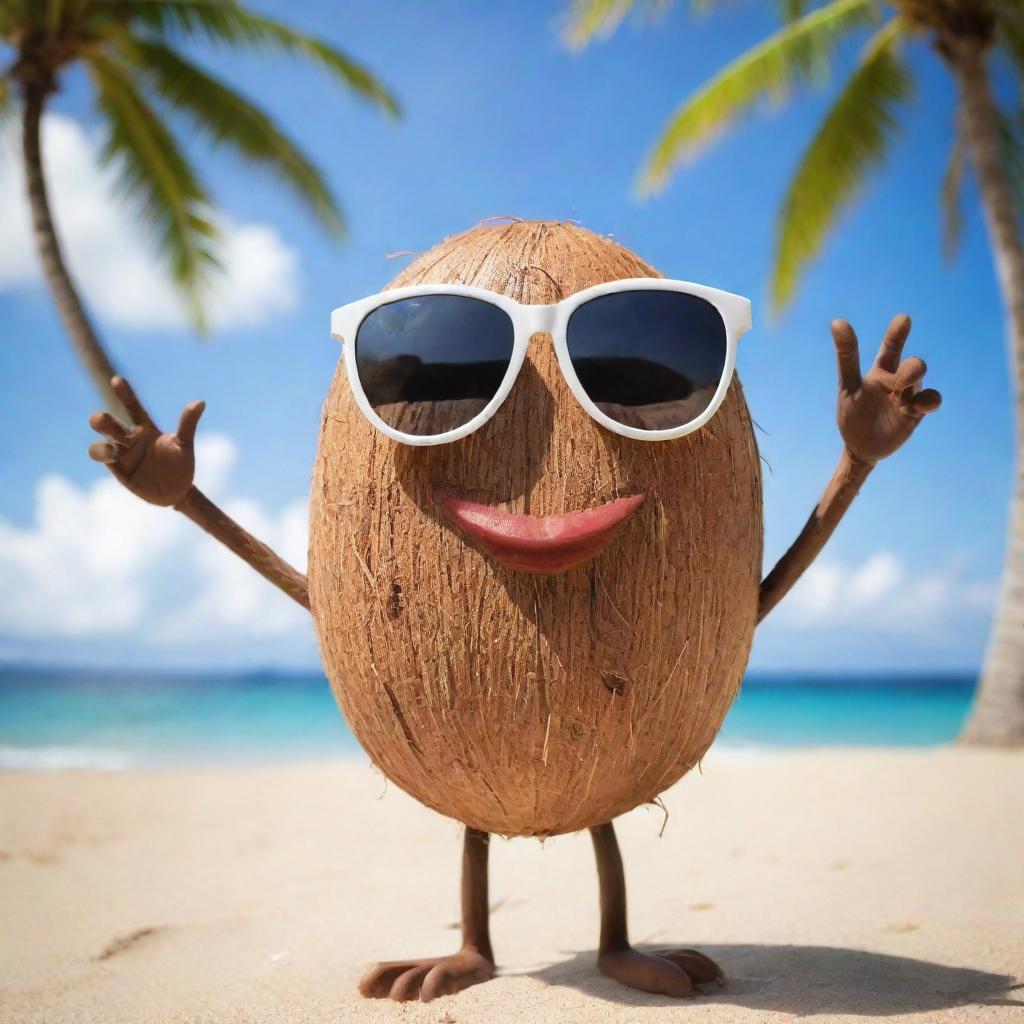 A funny coconut character with hands and legs, wearing sunglasses. It's popping a humorous pose, making silly faces at the viewer, set against a sunny beach background.