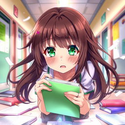 An anime girl with mesmerizing brown hair and bright green eyes, captured in a moment of surprise as she drops her books