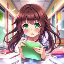 An anime girl with mesmerizing brown hair and bright green eyes, captured in a moment of surprise as she drops her books