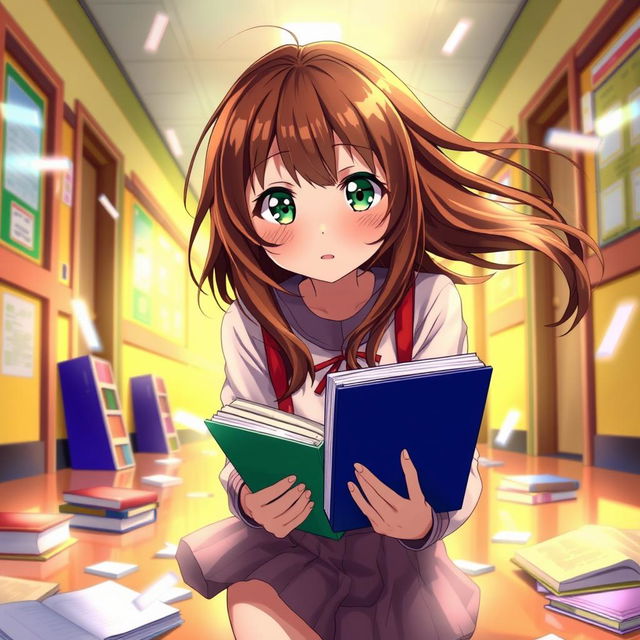 An anime girl with mesmerizing brown hair and bright green eyes, captured in a moment of surprise as she drops her books