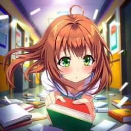 An anime girl with mesmerizing brown hair and bright green eyes, captured in a moment of surprise as she drops her books