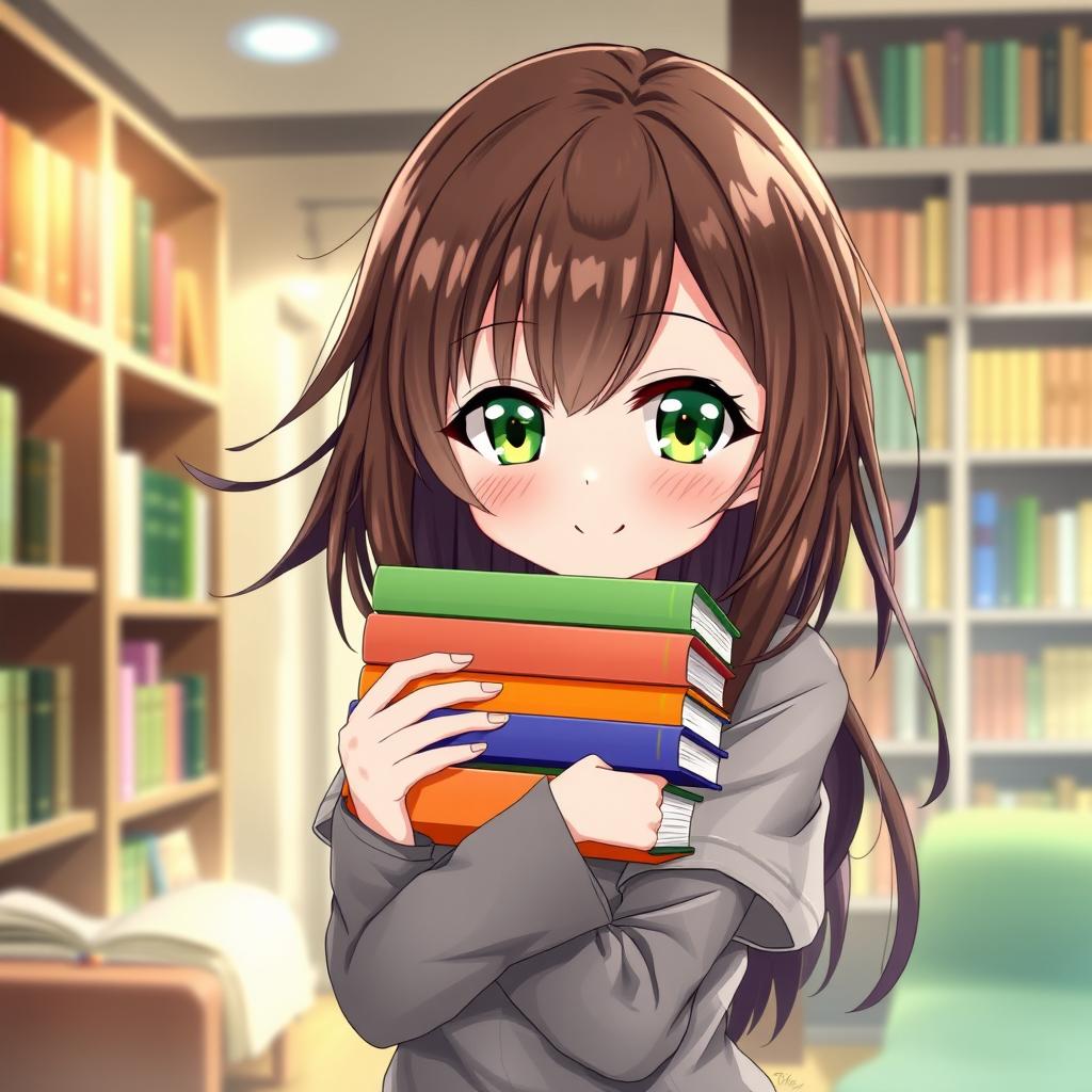 An anime girl with beautiful brown hair and captivating green eyes, standing confidently while holding a stack of colorful books close to her chest