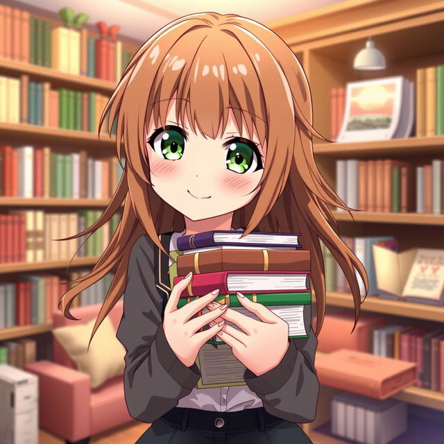 An anime girl with beautiful brown hair and captivating green eyes, standing confidently while holding a stack of colorful books close to her chest