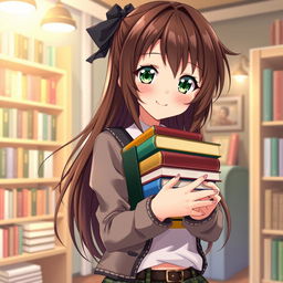 An anime girl with beautiful brown hair and captivating green eyes, standing confidently while holding a stack of colorful books close to her chest