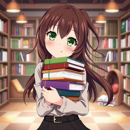 An anime girl with beautiful brown hair and captivating green eyes, standing confidently while holding a stack of colorful books close to her chest