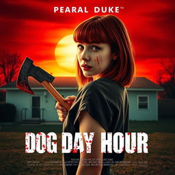 A movie poster featuring a beautiful teenage redhead with bangs and shoulder-length hair, holding a bloody axe in one hand