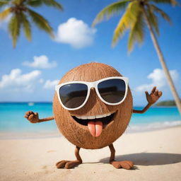 A funny coconut character with hands and legs, wearing sunglasses. It's popping a humorous pose, making silly faces at the viewer, set against a sunny beach background.