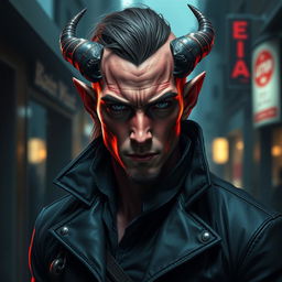 A 25-year-old male tiefling assassin with light red skin, exuding an air of danger and professionalism