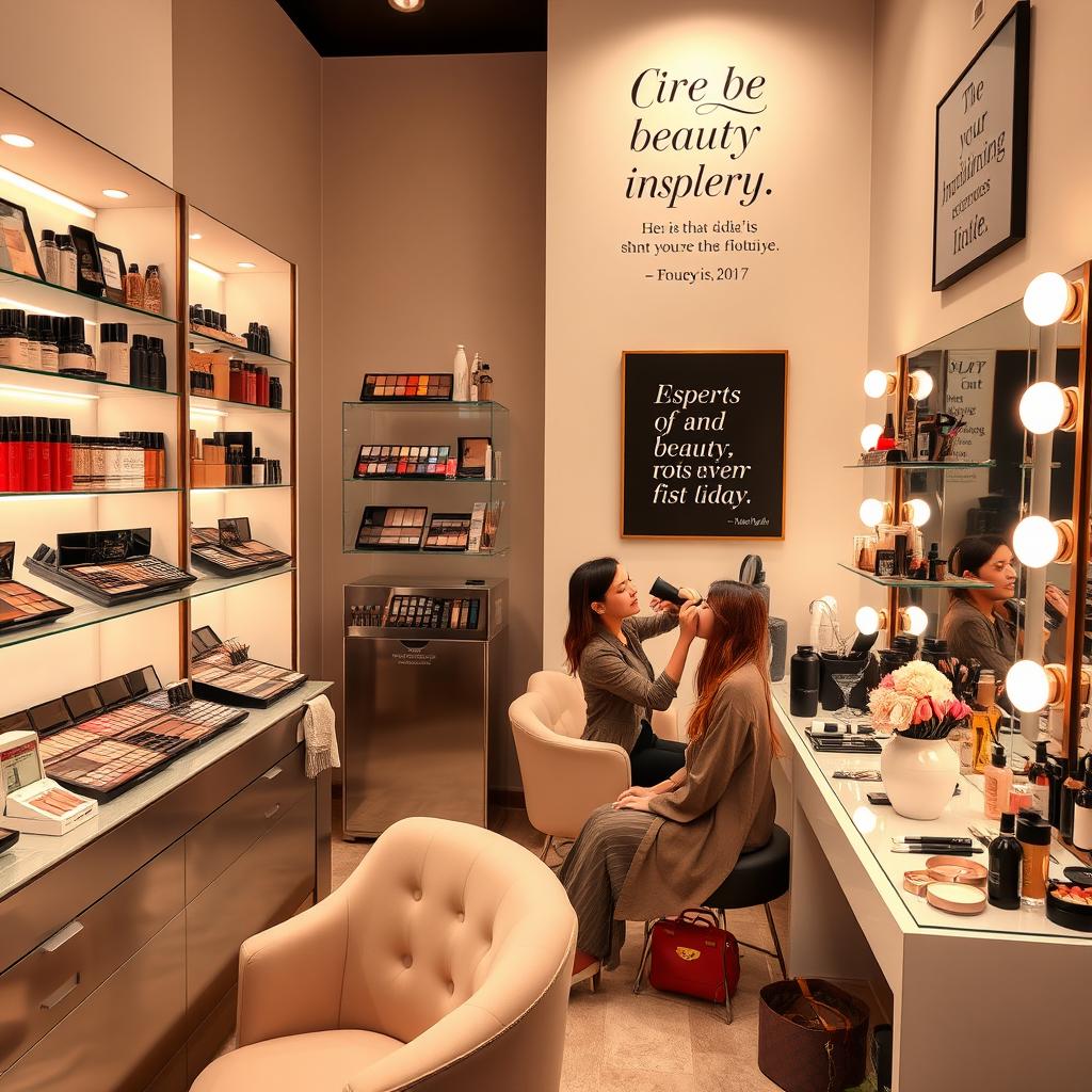 A beautifully arranged beauty studio, showcasing a variety of high-end cosmetics, skincare products, and stylish makeup tools