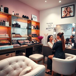 A beautifully arranged beauty studio, showcasing a variety of high-end cosmetics, skincare products, and stylish makeup tools