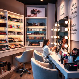 A beautifully arranged beauty studio, showcasing a variety of high-end cosmetics, skincare products, and stylish makeup tools