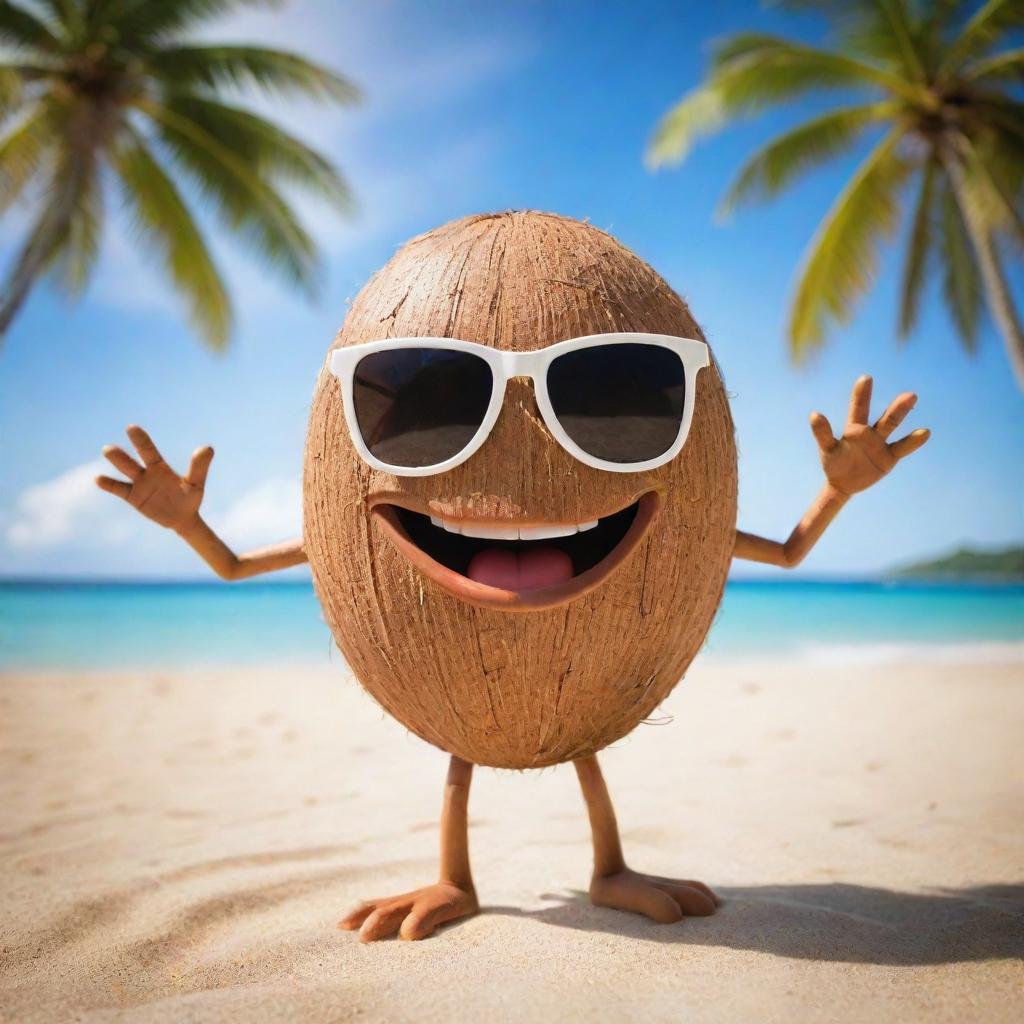 A funny coconut character with hands and legs, wearing sunglasses. It's popping a humorous pose, making silly faces at the viewer, set against a sunny beach background.