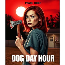 A movie poster featuring a beautiful teenage redhead with shoulder-length hair, gripping a bloody axe in one hand