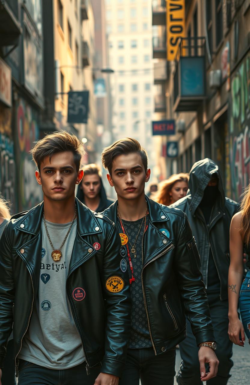 A vibrant city street scene infused with urban energy, showcasing a group of friends walking confidently, hinting at a life filled with rebellion and freedom