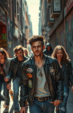 A vibrant city street scene infused with urban energy, showcasing a group of friends walking confidently, hinting at a life filled with rebellion and freedom