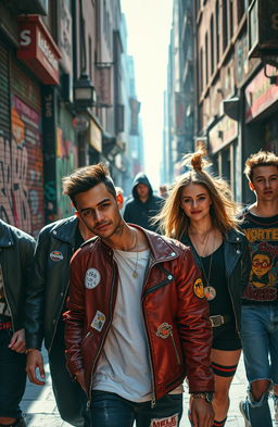 A vibrant city street scene infused with urban energy, showcasing a group of friends walking confidently, hinting at a life filled with rebellion and freedom