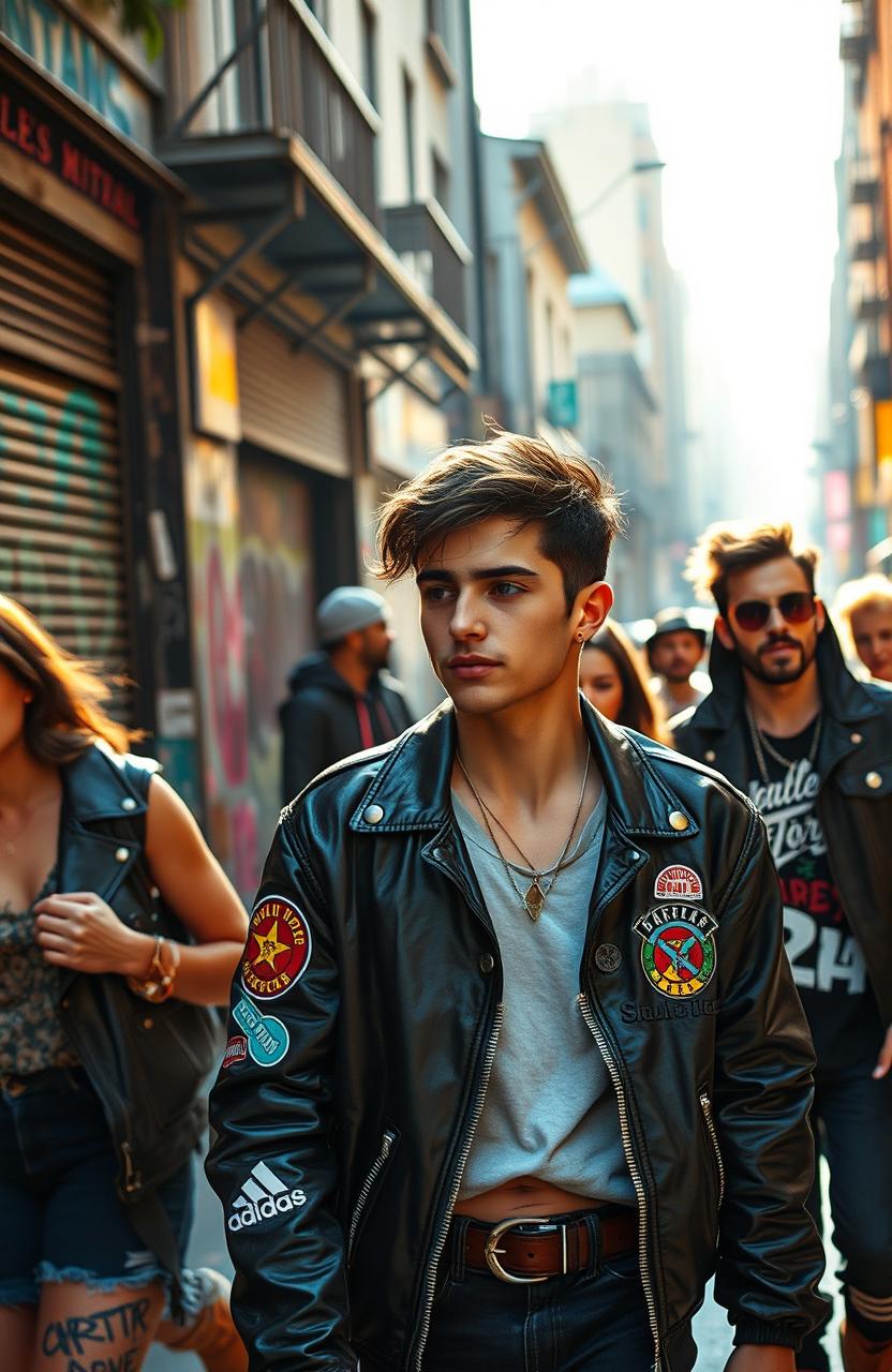 A vibrant city street scene infused with urban energy, showcasing a group of friends walking confidently, hinting at a life filled with rebellion and freedom