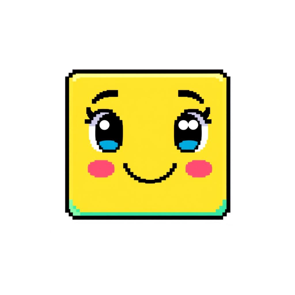 A square character with a charming face, designed in pixel art style