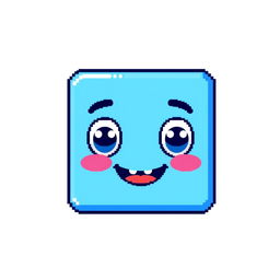 A square character with a charming face, designed in pixel art style