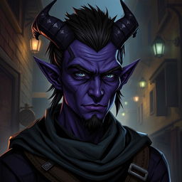 A 25-year-old male tiefling thief with striking purple skin, embodying an air of cunning and adventure