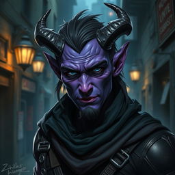 A 25-year-old male tiefling thief with striking purple skin, embodying an air of cunning and adventure